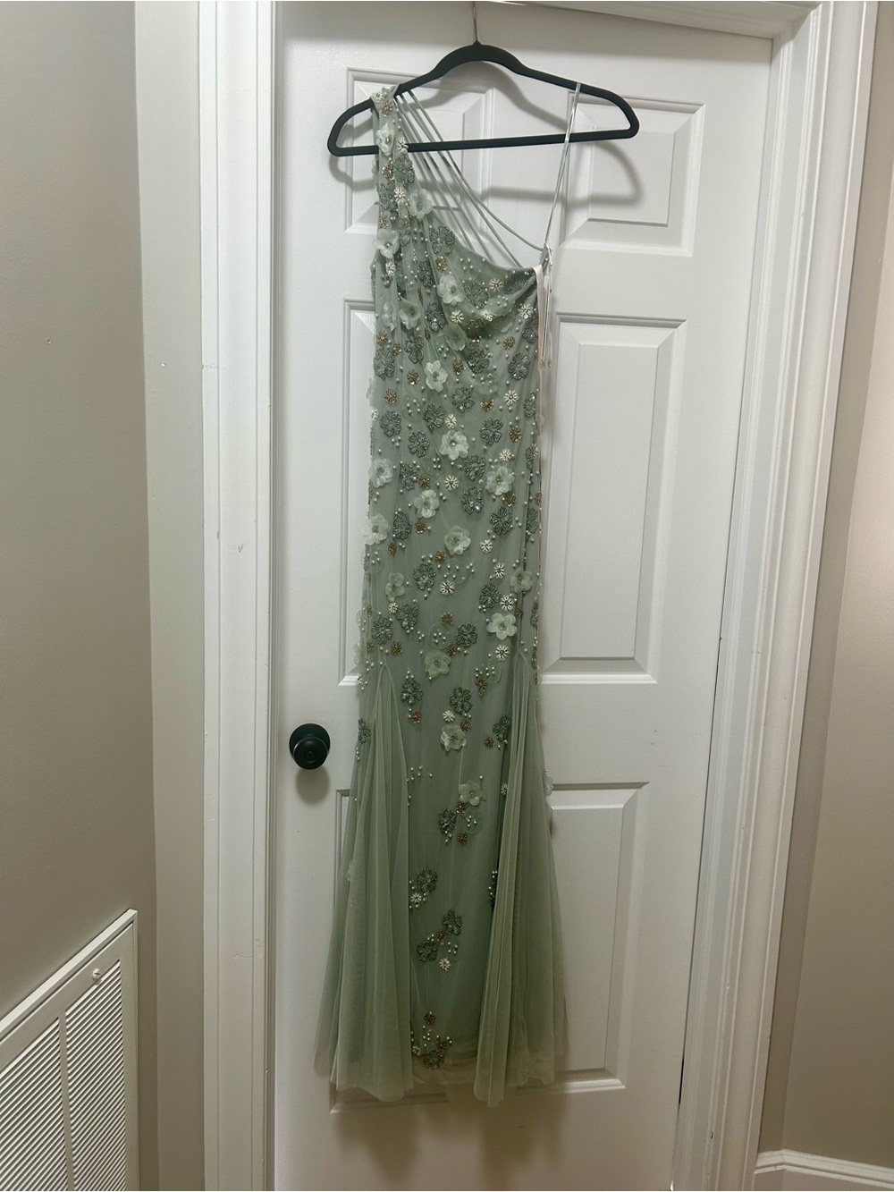 NWT Mac Duggal Sage Embellished Floral One Shoulder Gown